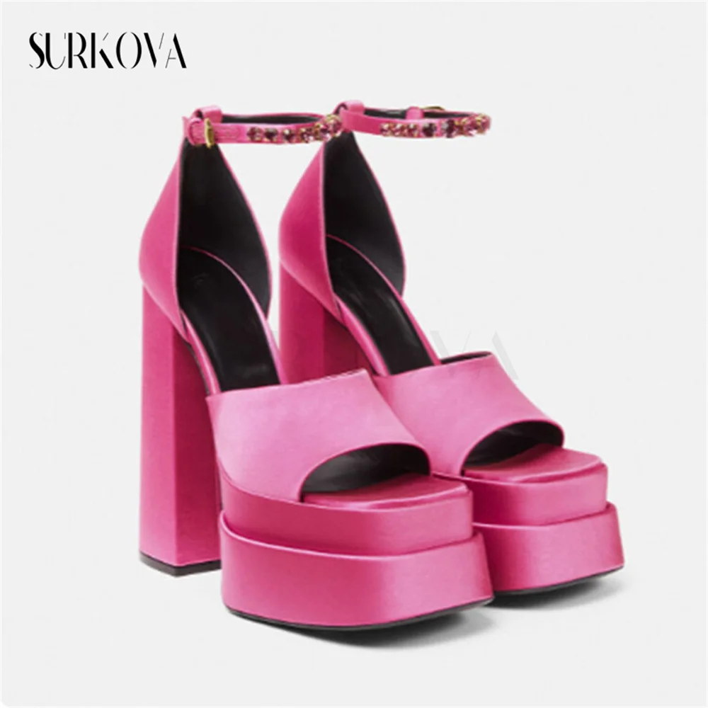 Platform Thick Heel Peep Toe Female Sandals Women's Chunky Heel Mary Jane Shoes High Heels Satin Pumps Catwalk Fashion Shoes