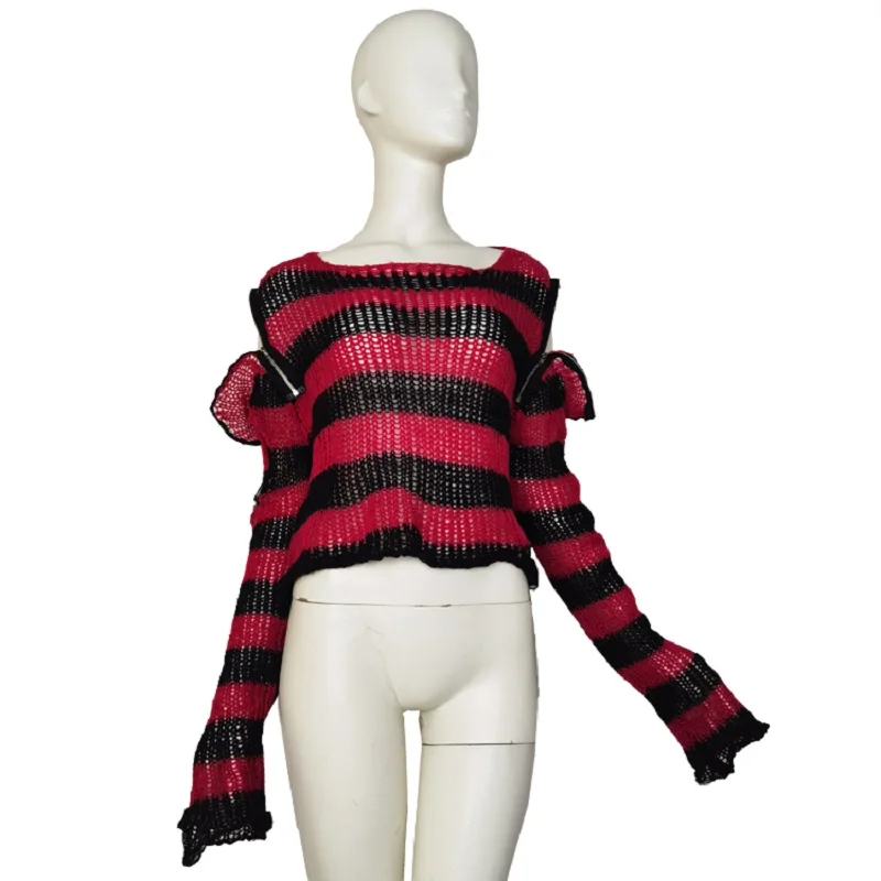 

Black Red Striped Gothic Short Sweaters Zipper Off Shoulder O Neck Jumpers Full Sleeve Ripped Hollow Pullovers Winter Autumn2025