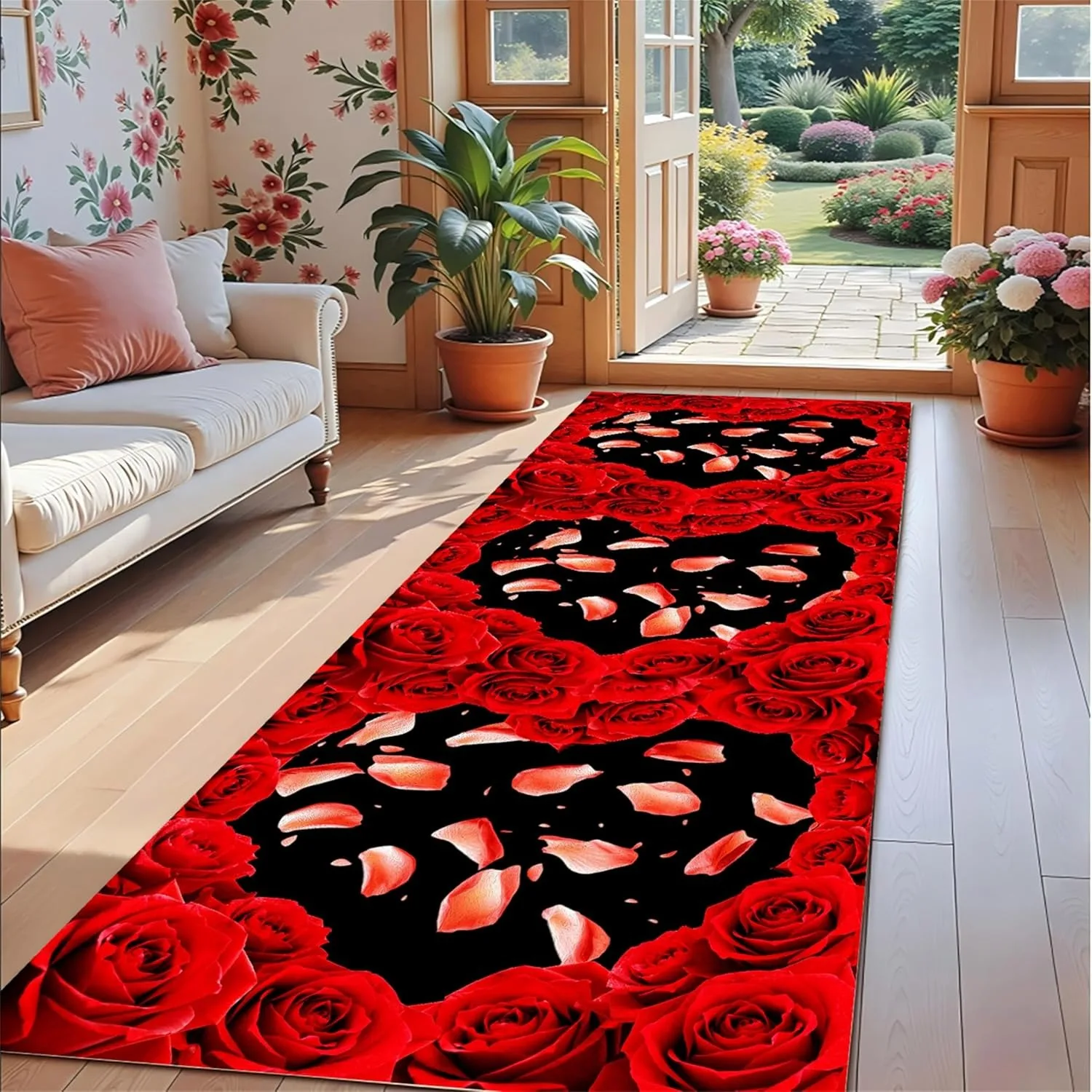 3D Red Rose Runner Rug, Romantic Valentine's Day Floral Carpet, Non-Slip Hallway Mat for Entryway, Kitchen & Indoor Spaces