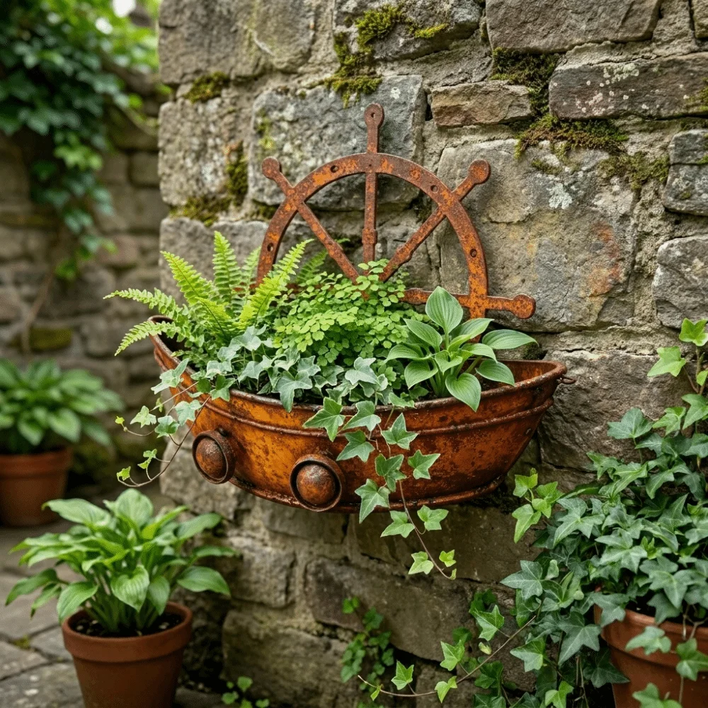 Iron Metal Boat Flower Pot Handmade Vintage Nautical Ship Wheel Wall Planter Rust-Proof Weather-Resistant Flower Holder Home