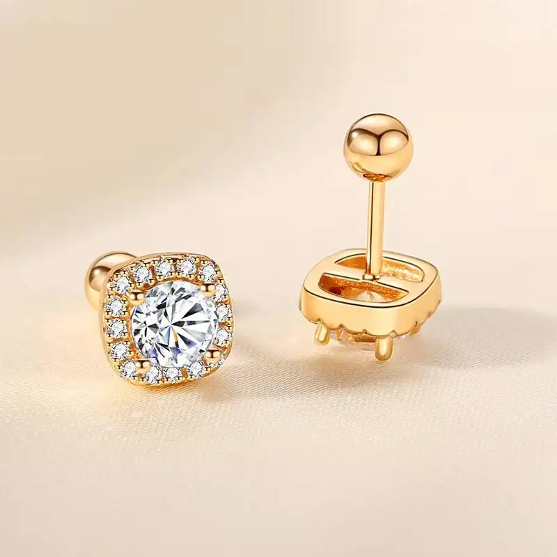 New Arrival 925 Sterling Silver Moissanite Stud Earrings for Women Korean Style 50-Point Square-Cut Screw-Back