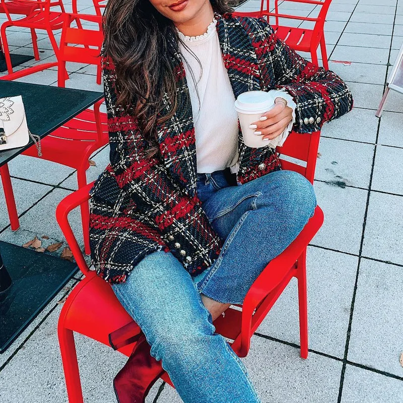 New Red Plaid Jacket 2023 Women Spring-Autumn Retro Tweed Suits Jackets Office Ladies Vintage Chic Slim Coats Girls Tops Coat