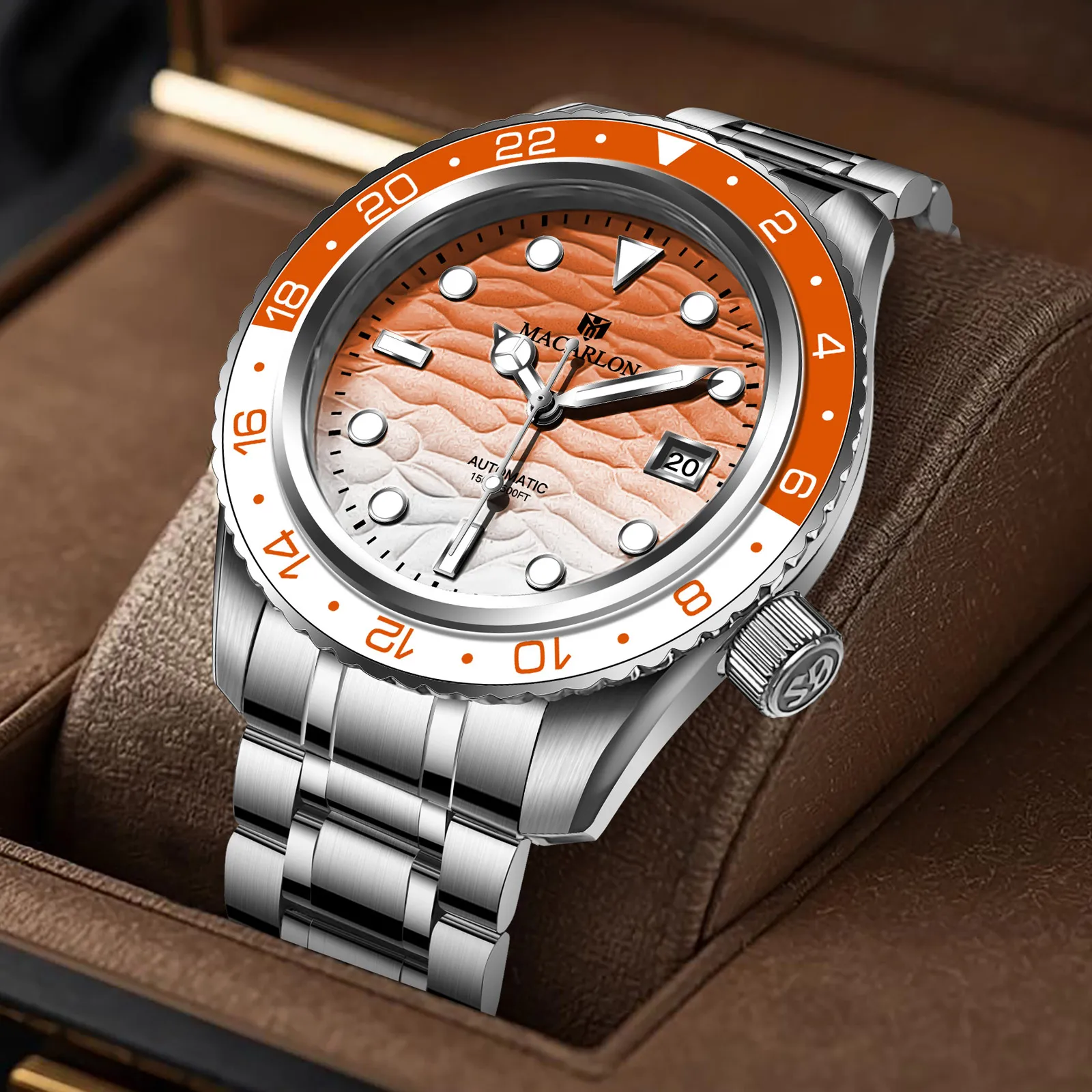 MACARLON Designed Diving Machinery Watch Men Sapphire Luminous Bezel Men's Watch Stainless Steel 100M Waterproof Automatic Watch