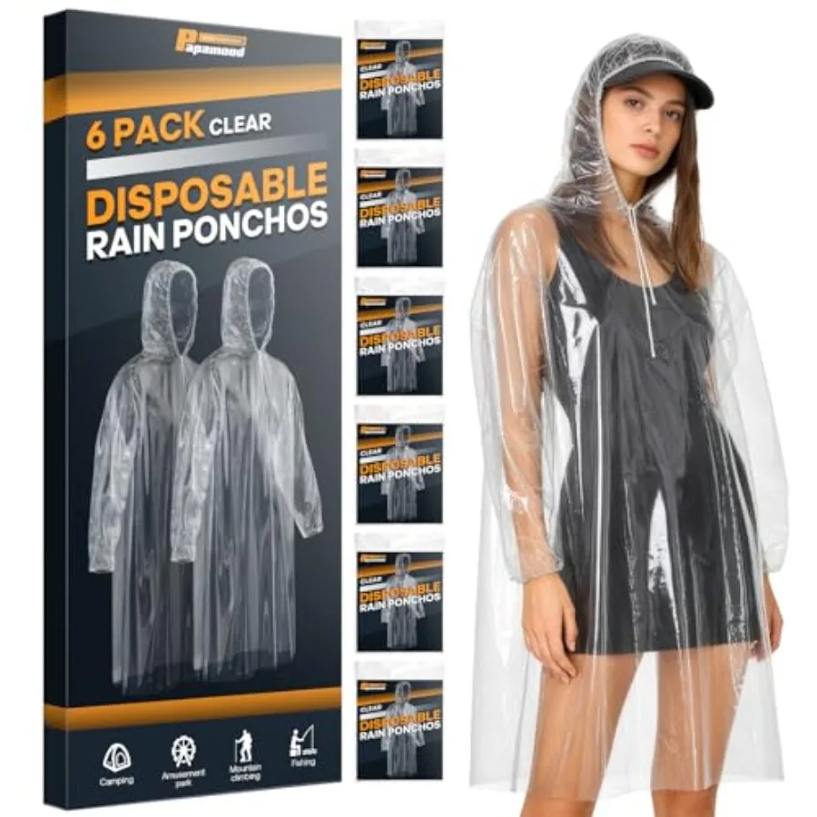 

Disposable Rain Ponchos 6 Pack Family Pack for Adults 1MIL Thick Clear Emergency Raincoat with Drawstring Hood and Elastic Cuff