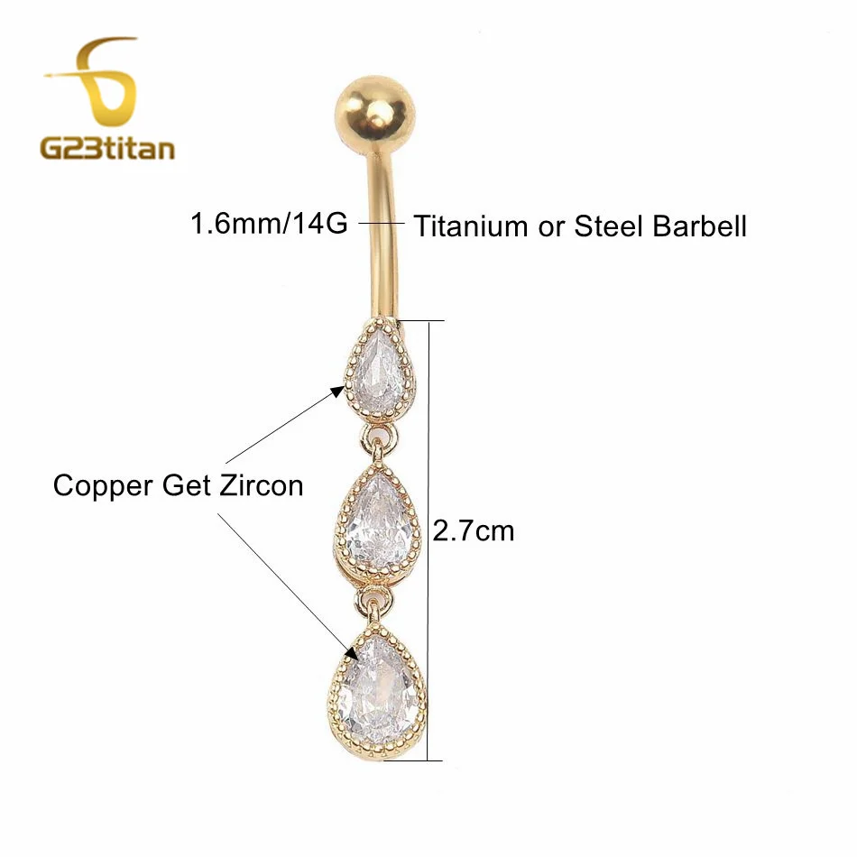 G23Titan Long Water Drop Navel Ring CZ Zircon Dangle Belly Button Piercing Jewelry 14G Titanium Curved Barbell Pircing Nombril