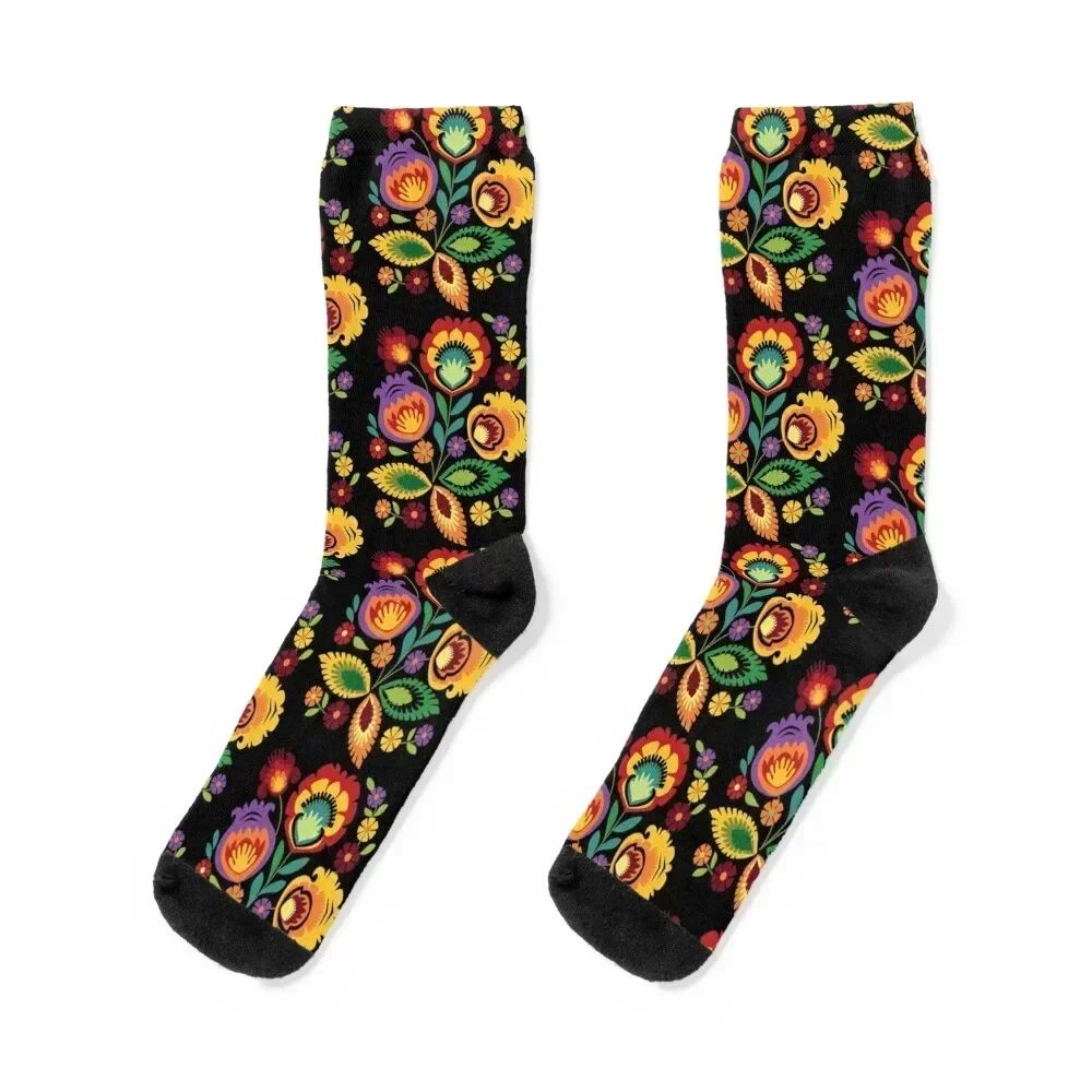 

Polish Folk Flowers Red on Black Socks loose Running christmas gifts Rugby Socks Men Women's