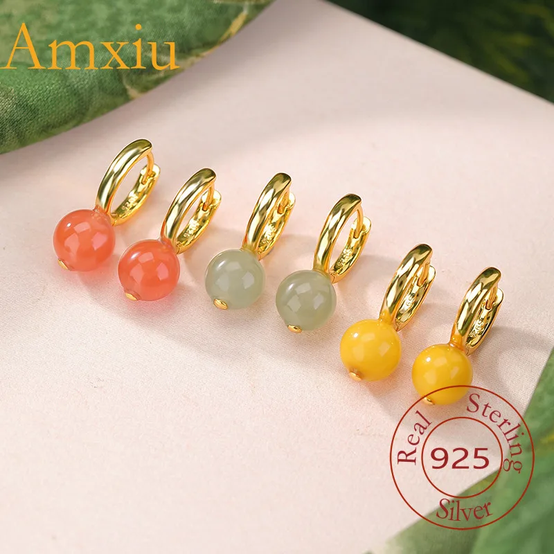 

Amxiu, стерлинговое серебро 925, красный янтарь, Hetian, прозрачный водный нефрит, круглая бусина, простые серьги-клипсы
