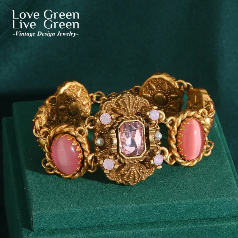 

Vintage Antique Jewelry Princess Pink Bracelet Charms For Woman Sun Opal Natural Stone Square Crystal Bangle New 2025 Trending