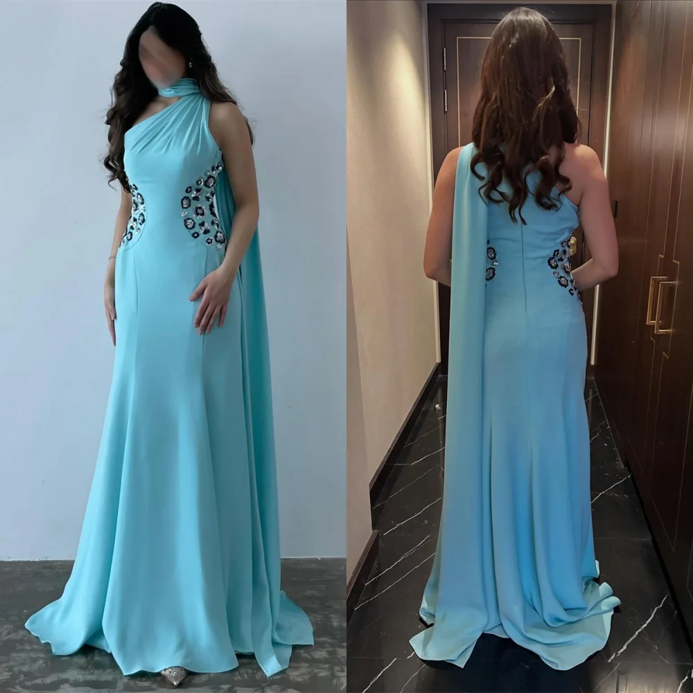 Customized Delicate Light Blue Jersey Evening Dress Graceful One Shoulder Ribbon Zipper Back Beading Flowers Homecoming Dress