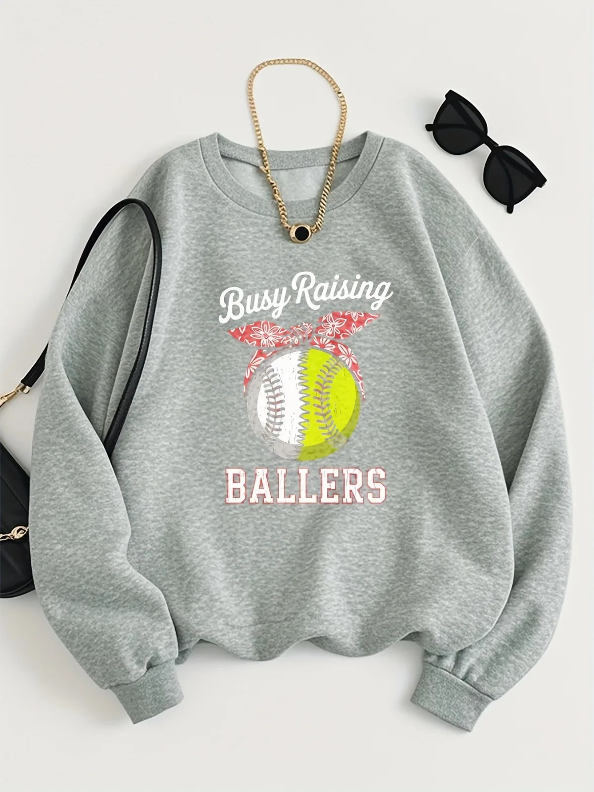 Women's Fashion Casual Softball Elements and Printed Text Pattern Round Neck Hoodie Suitable for Parties Holidays Gift Pullovers