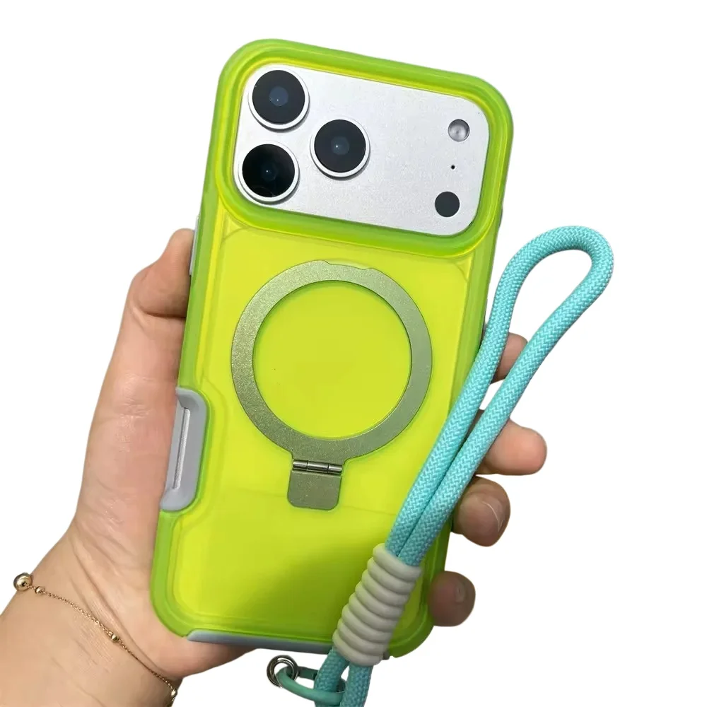 Luxury Magnetic Charging Matte Ott Anti-fall Case For iPhone Air 17 16 15 14 Plus Pro Max TPU+PC With Stand & Hand Strap Shell