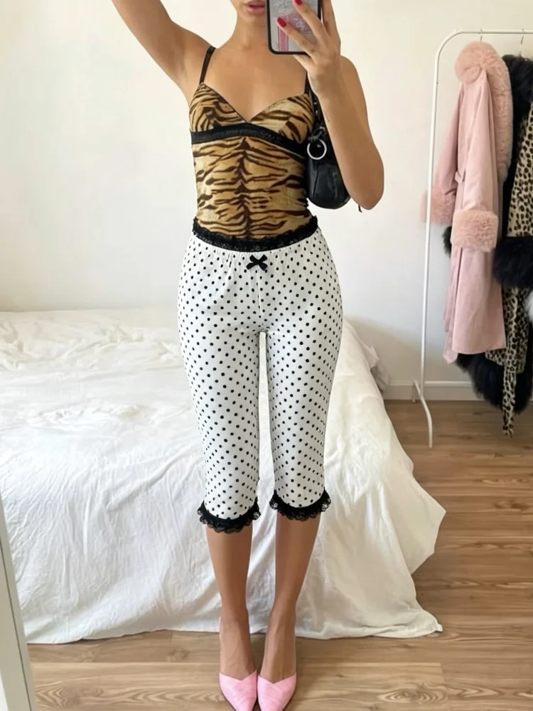 Y2K Vintage White Black Polka Dot 7/8 Length Pajama Pants Lace Waist Bow Decor Loose Sleep Trousers With Lace Hem