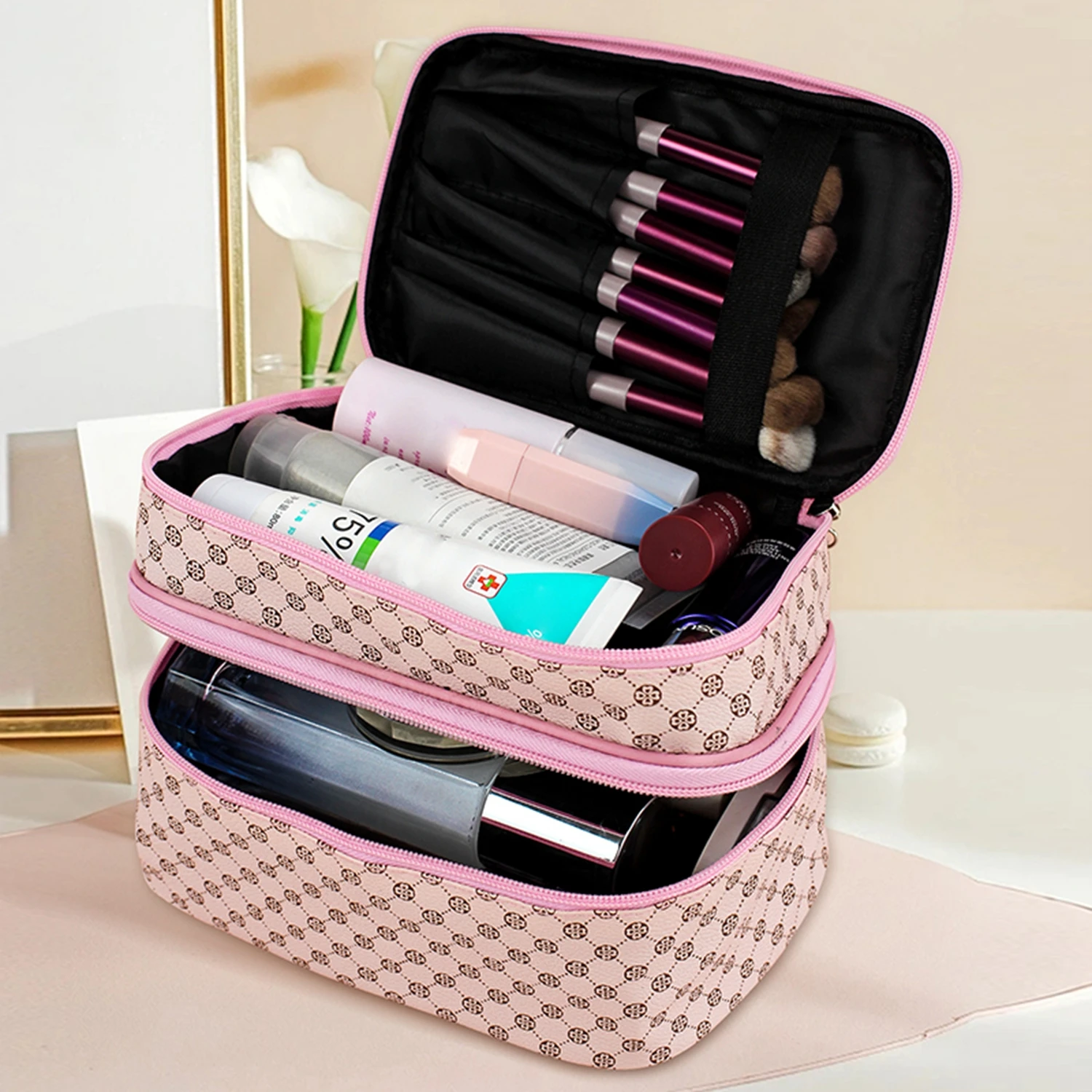 Large Capacity Makeup Bag Double Zip Women Cosmetic Bag Bathing Pouch Travel Toiletries Organizer Waterproof Storage Make Up Cas