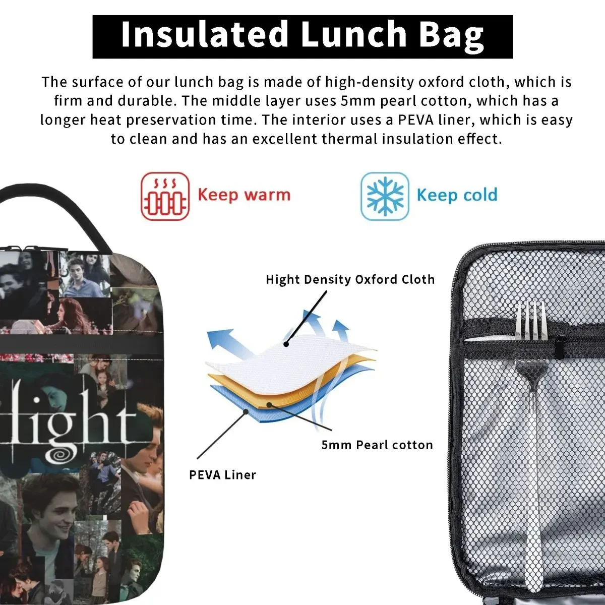 Edward Cullen Twilight Insulated Lunch Bag for Women Kids Portable Food Boxes Thermal Lunch Box Tote