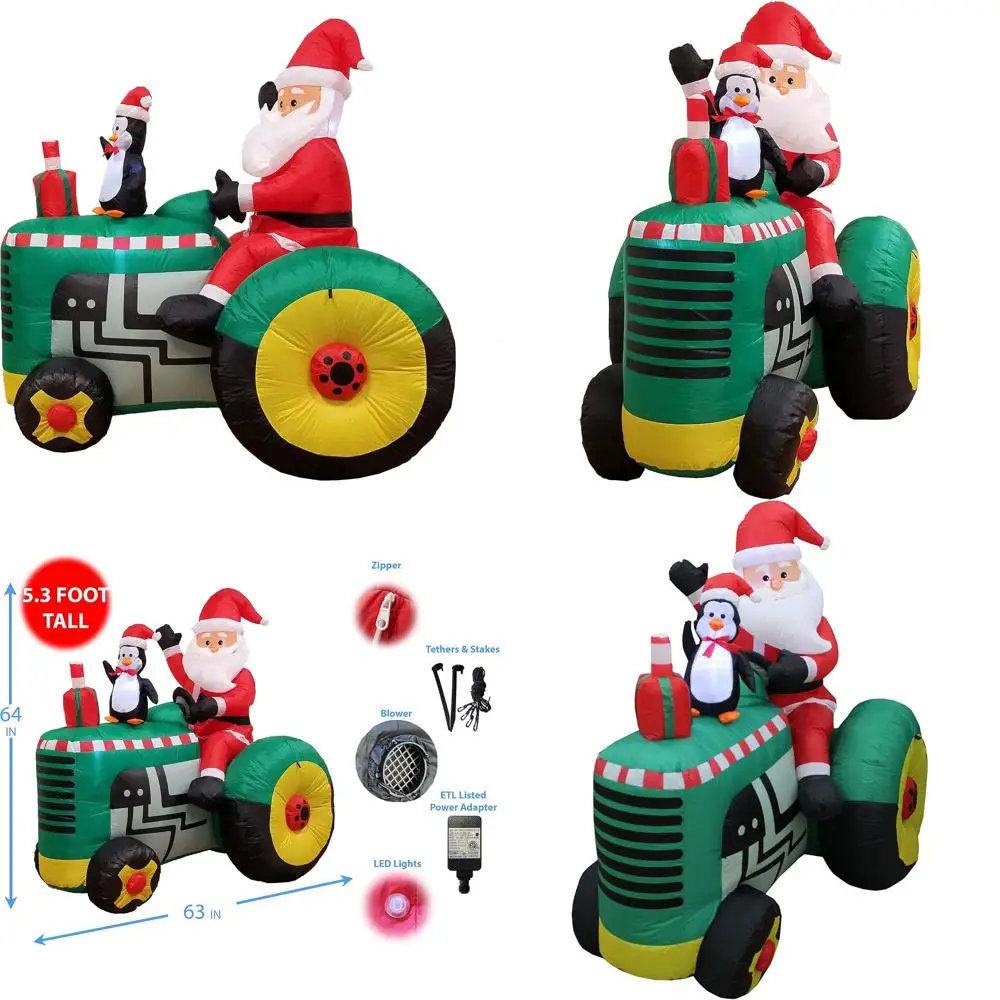 Self-Inflating LED-lit Santa & Penguin Tractor Outdoor Christmas Decoration