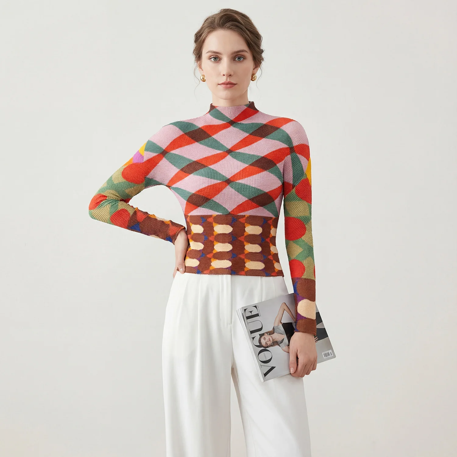 미야케 플리츠 패션 여성용 2026 템퍼먼트 레트로 프레스드 플리츠 스프링 스트레치 얇은 이지 케어 프린트 풀오버 탑