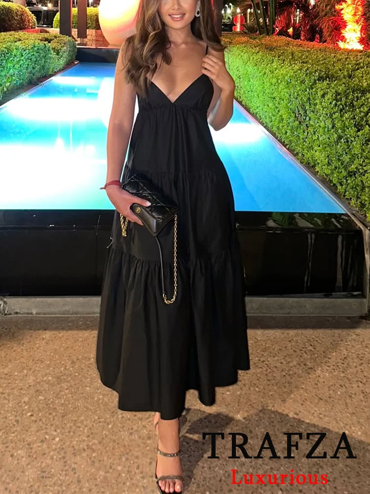 

TRAFZA Sexy Party Chic Women Dress Solid Spliced V-Neck Backless Sleeveless Zipper Long Vestidos New Fashion 2025 Summer Dress