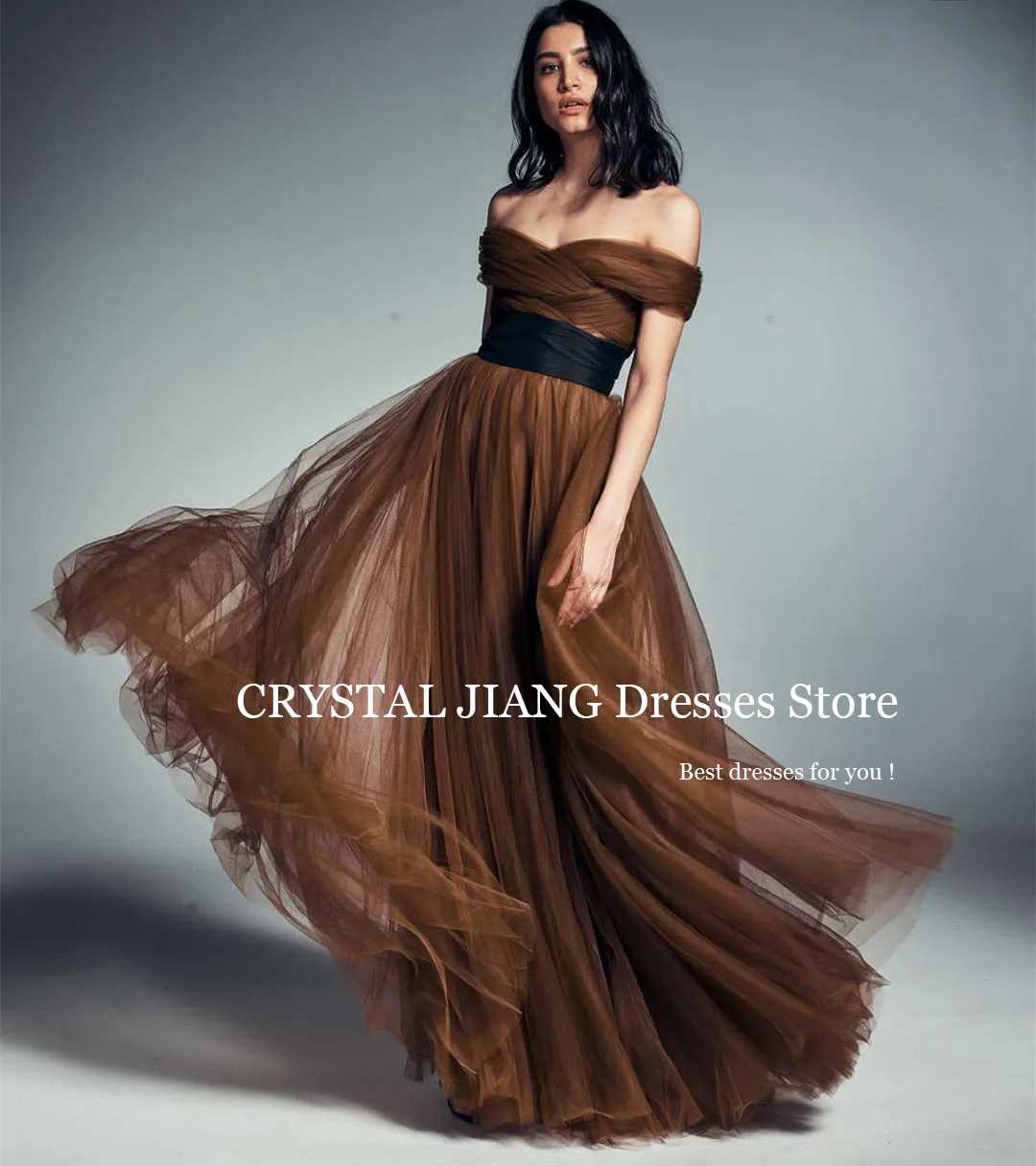 Elegant Long Off the Shoulder Brown Tulle Evening Dresses with Belt فساتين سهره A Line Floor Length Vestidos De Gala Mujer