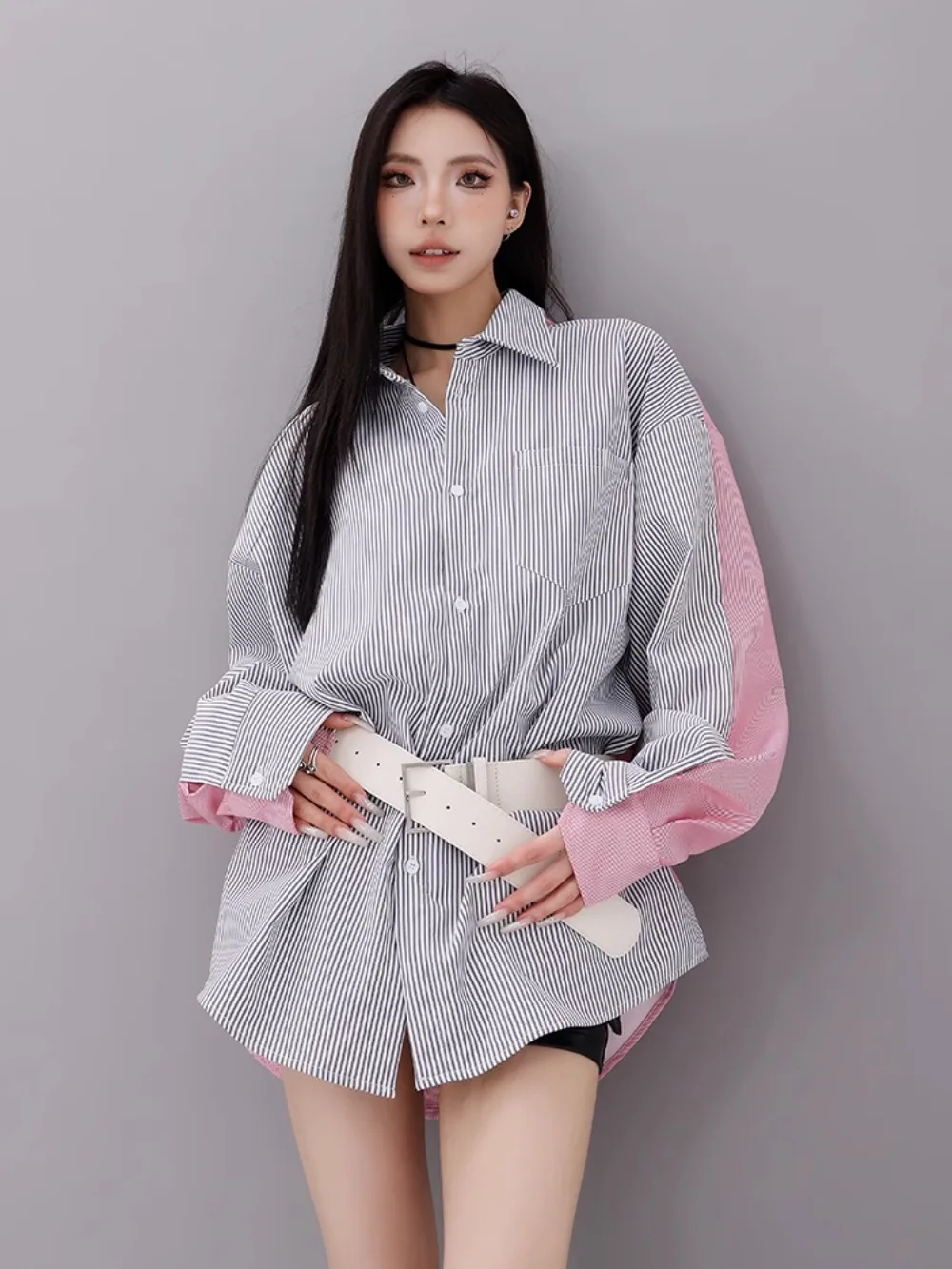 Design Sense Splicing Double-sided Striped Shirt Fashion Y2k Women's Silhouette Contrasting Color Long Style Shirts Tops