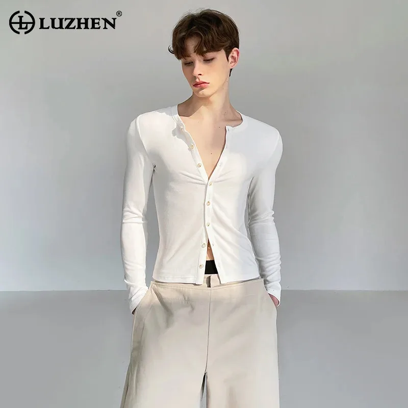 

LUZHEN 2025 New Solid Color Handsome Slim Long Sleeve Buttoned T-shirt Men's Fashion Elegant High Quality Breathable Tops JY3219