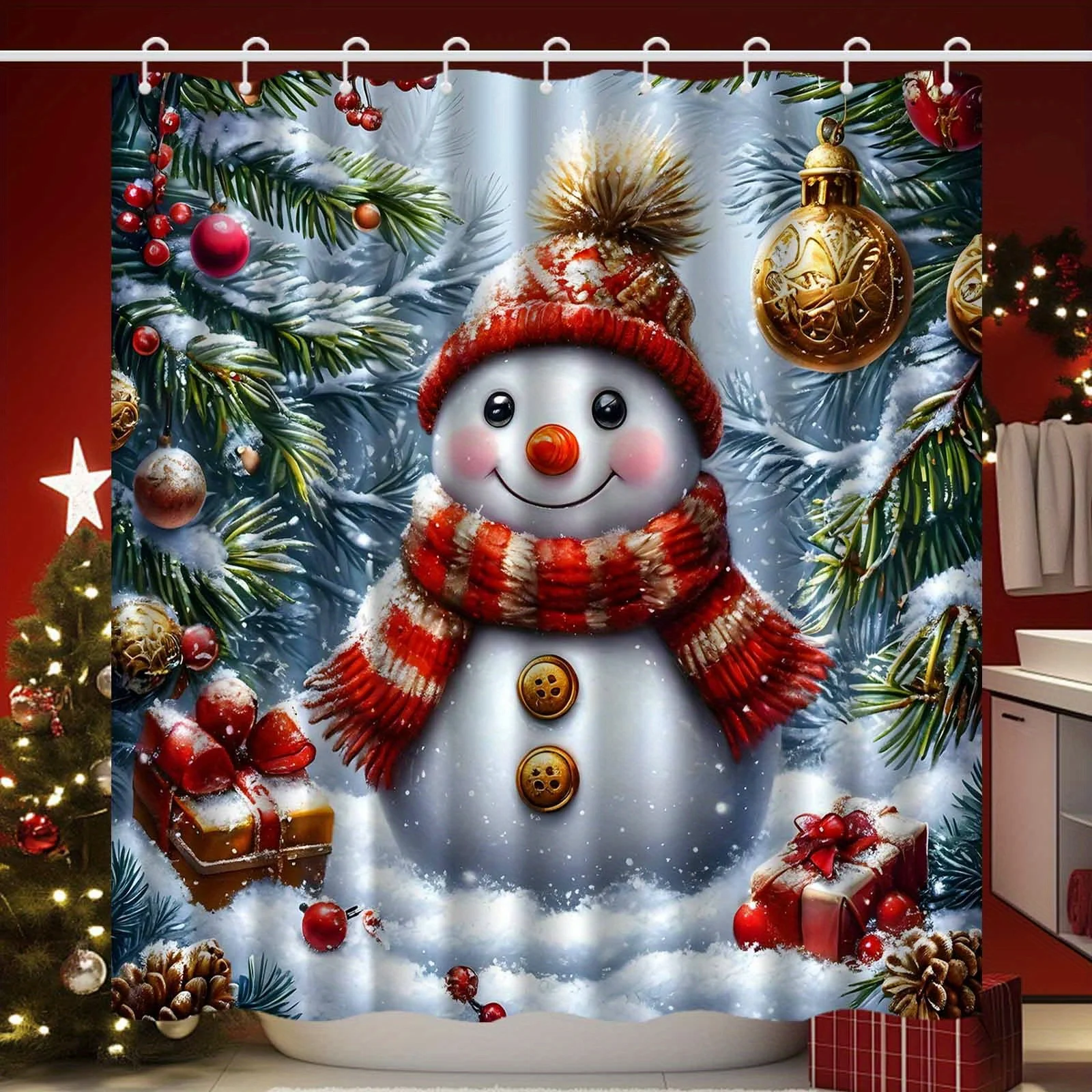Christmas Snowman Shower Curtain - Festive Bathroom Decor with Snowman, Presents & Pine Branches