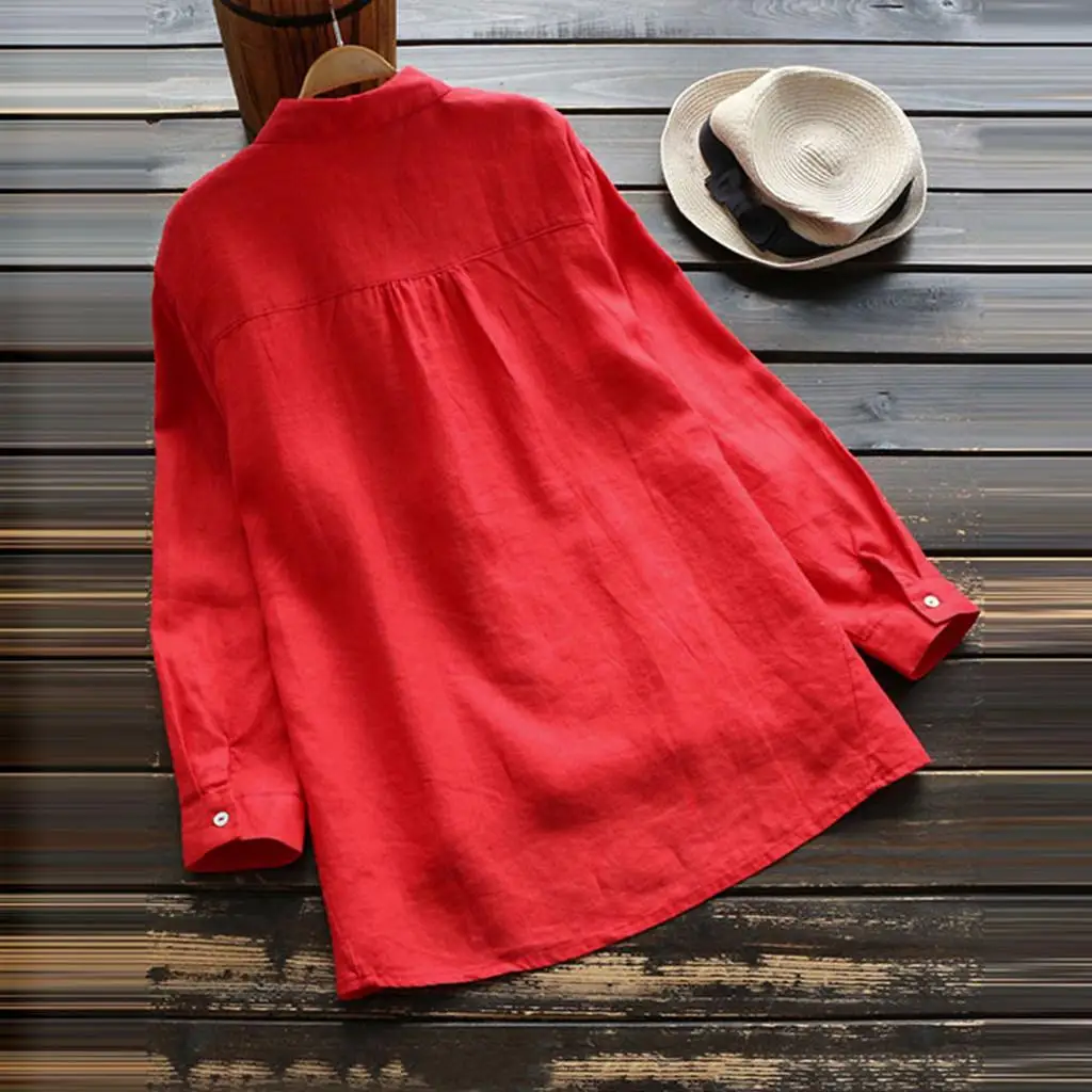 Damska koszula z bawełny i lnu, długa, luźny krój, styl casual, jednolity kolor, łączona tkanina, odporna na odkształcenia.