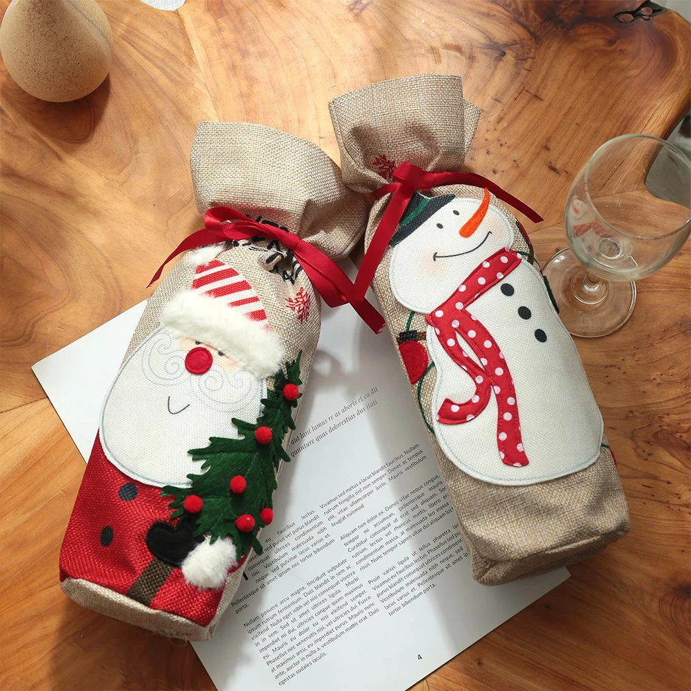 

2Pcs Santa Claus Bottle Cover Linen Bag Set Christmas Decor naments Home Party Gift Reusable Fits Most Bottles