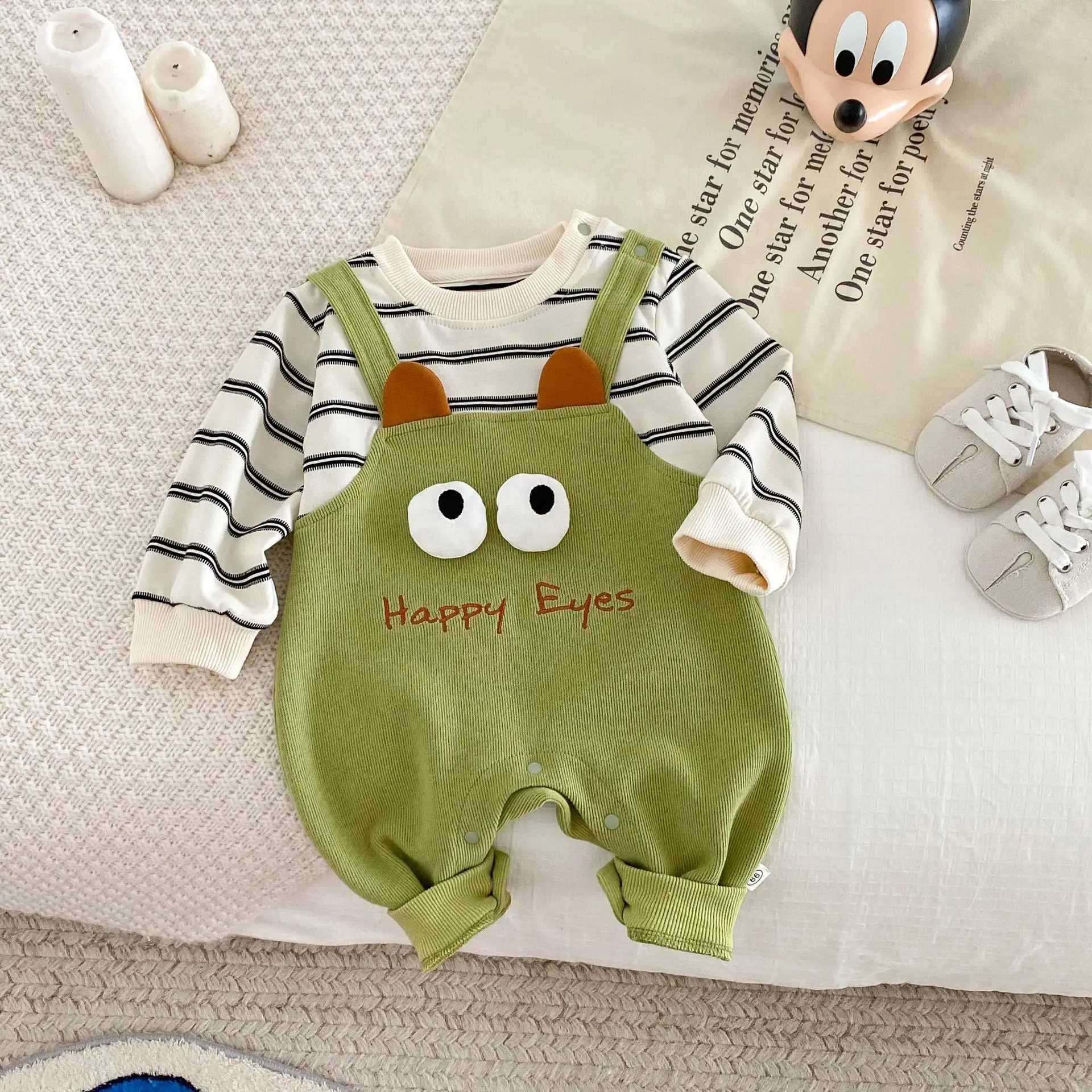 

Infant Boys Romper Spring Autumn New Fake Two Pieces Cartoon Eyes Letter Newborn Boys Jumpsuit Patched Striped Baby Boy Bodysuit