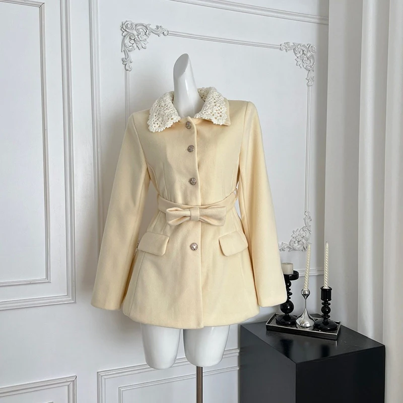 French style high-end unique and beautiful cape coat small fragrant style lace up waist cinched lapel collar woolen coat