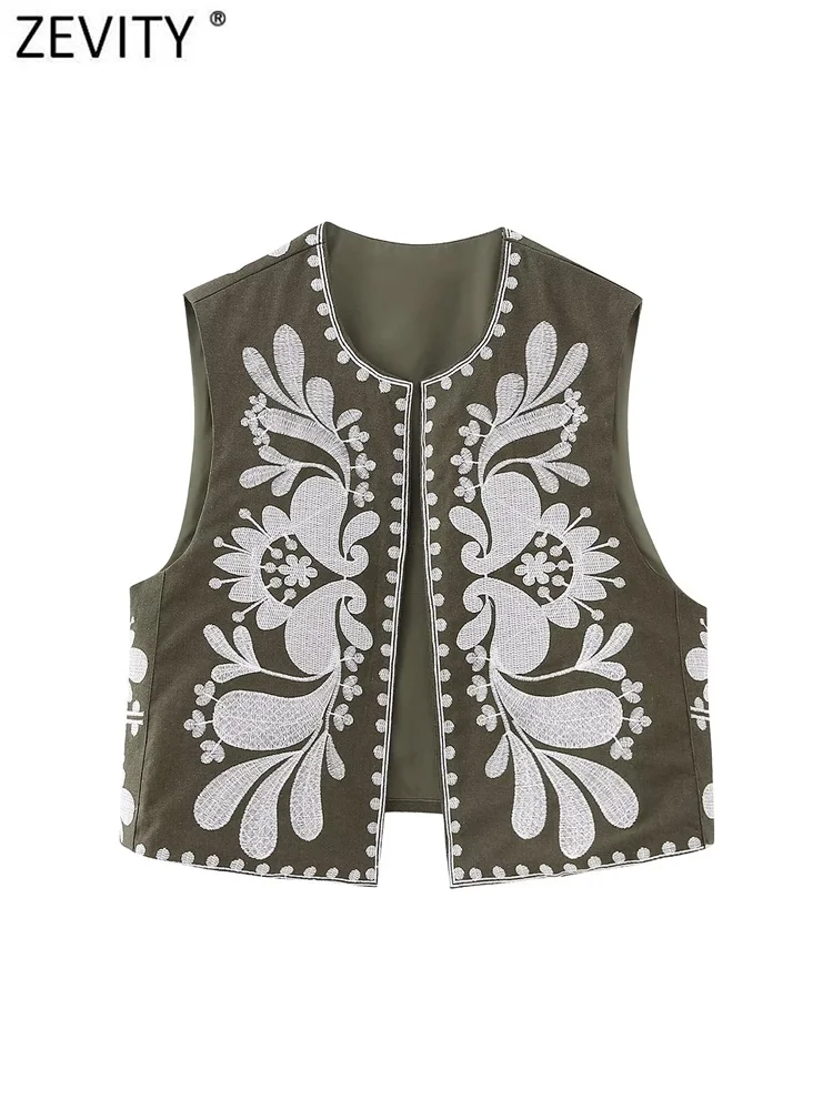 Zevity Women Vintage O Neck Contrast Color Flower Embroidery Cardigan Vest Jacket Female Sleeveless Retro WaistCoat Tops CT4806