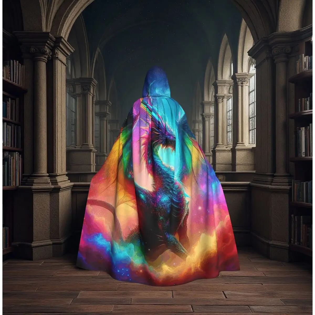 

Rainbow Dragon Long Hooded Cloak Witch Medieval Costume Cosplay Cape HalloweenVampire Adult Unisex