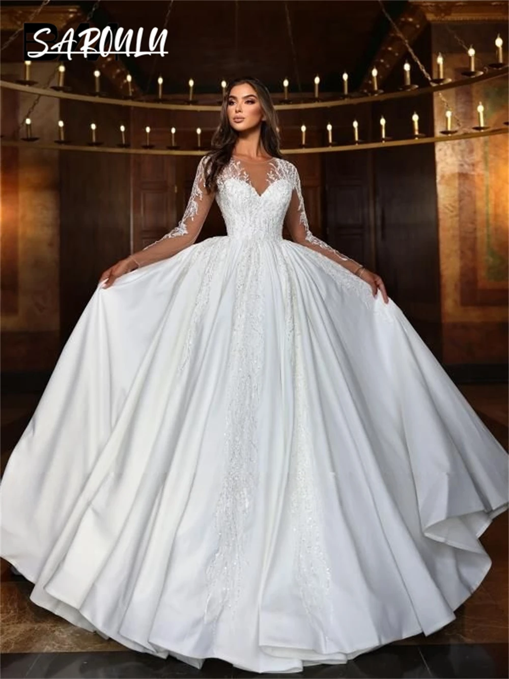 Abito da sposa da donna a maniche lunghe illusione Abito da ballo personalizzato Abiti da sposa in raso Perline Paillettes Appliques Abito da sposa