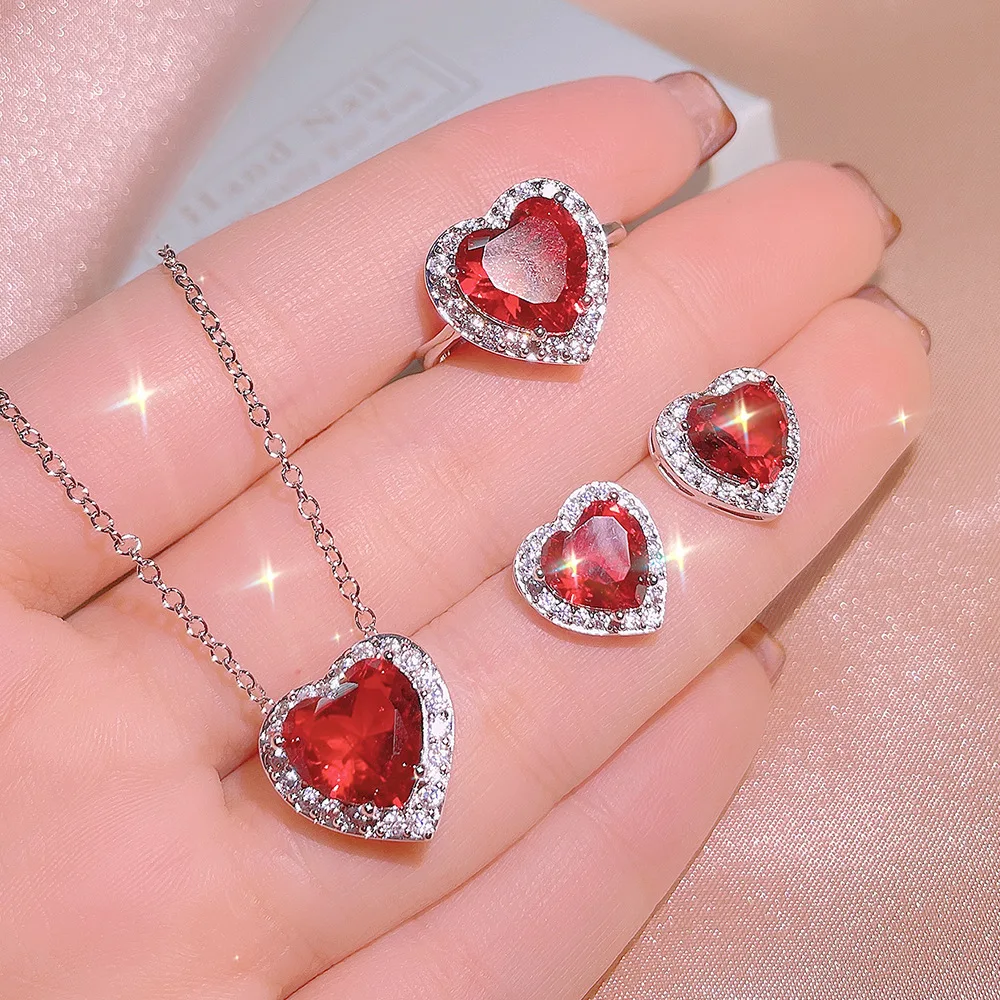 925 Silver High Quality Natural Garnet Ring Pendant Stud Earrings Three Piece Set Women's Party Birthday Jewelry Gifts