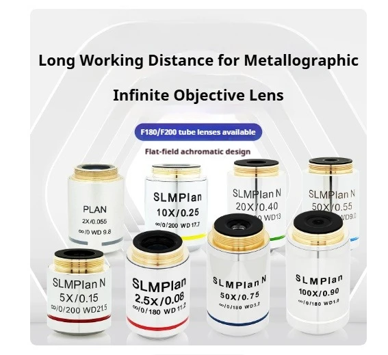 SLMPlan 5X 10X 20X 50X 100X Dry Objective F200 Metallurgical Infinity-Corrected Long Working Distance Visible Light 400–700 nm