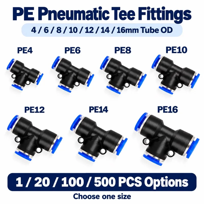 PE Pneumatic Tee Push In Air Tube Fittings 4 6 8 10 12 14 16mm OD Equal Three Way Hose Connectors 1 20 100 500PCS Pack Options