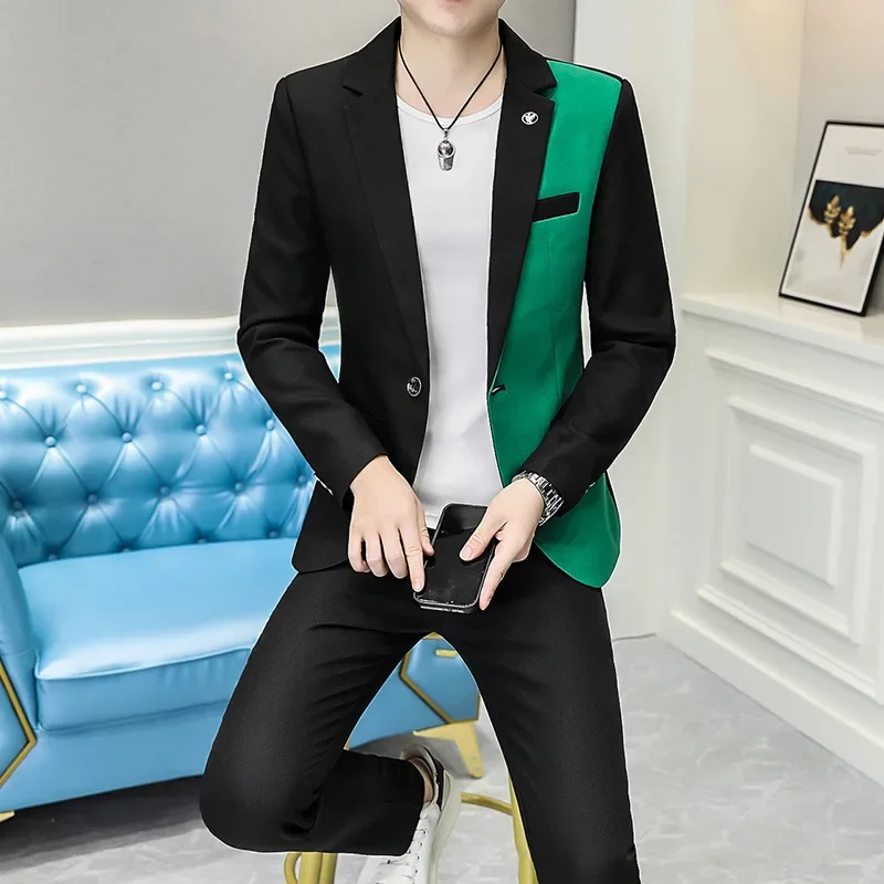 2024 Men\'s Dual-Color Patchwork Casual Suit Youth Autumn Slim Handsome Suit Two-Piece Suit