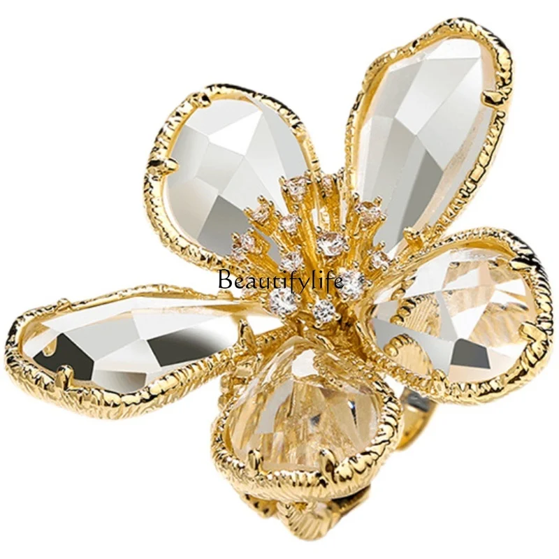 

Japan and Korea crystal flower retro alloy adjustable ring light luxury personality girl pink open ring