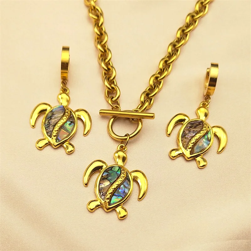 

Abalone Shell Tortoise Jewelry Set Women Men Stainless Steel Gold Color Turtle Small Charms Vintage Necklace Earring Party Gift