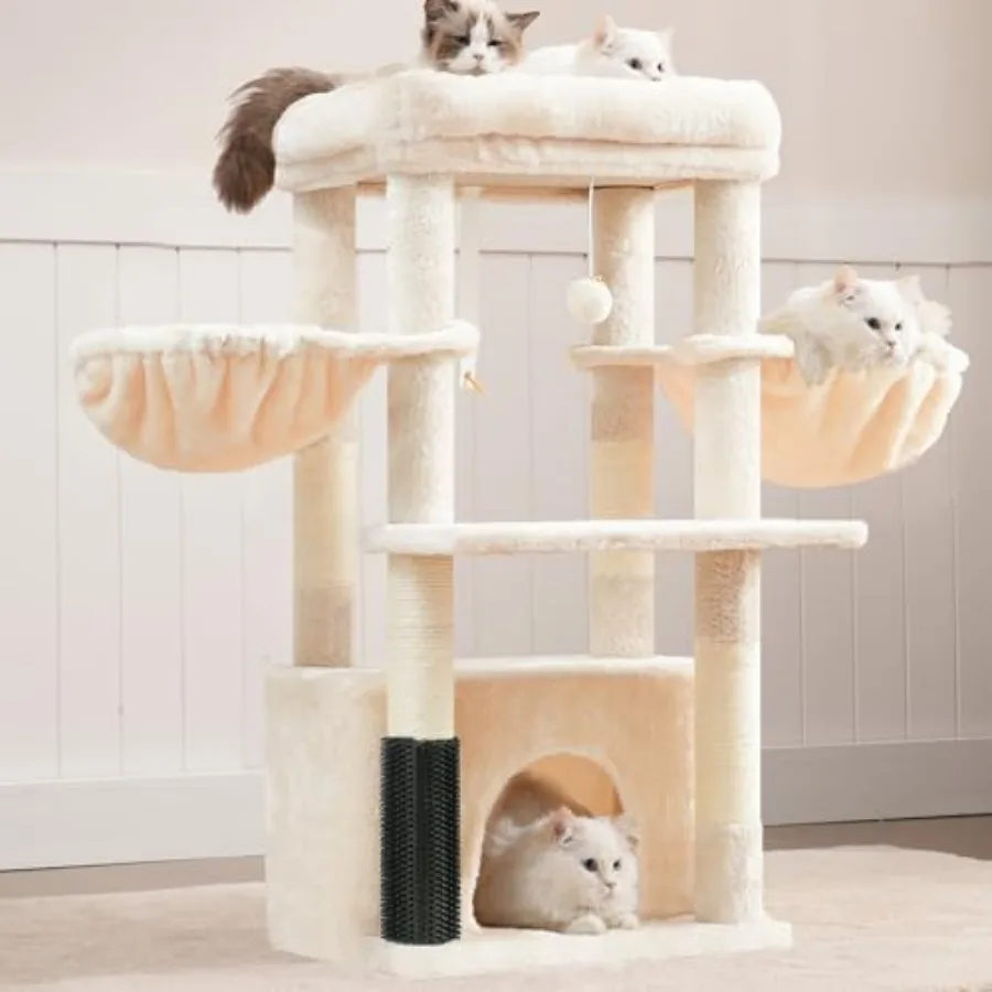 

Когтеточка-башня для кошек с очень большой платформой, просторным домиком, 2 уютными гамаками, щеткой для самоочистки и сизалевыми столбиками для большого индор-пространства