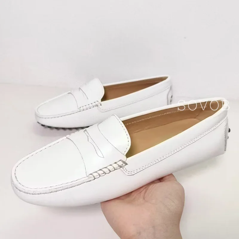 Spring Autumn Genuine Leather Round Toe Flat Shoes for Women\'s Shallow Mouth Solid Color Loafers Casual Versatile Bean Shoes