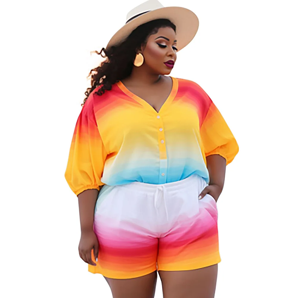 

Plus Size Women Suit Summer New Sexy Positioning Printed Summer Beach Fashion Shirt and Shorts Two Pieces Set