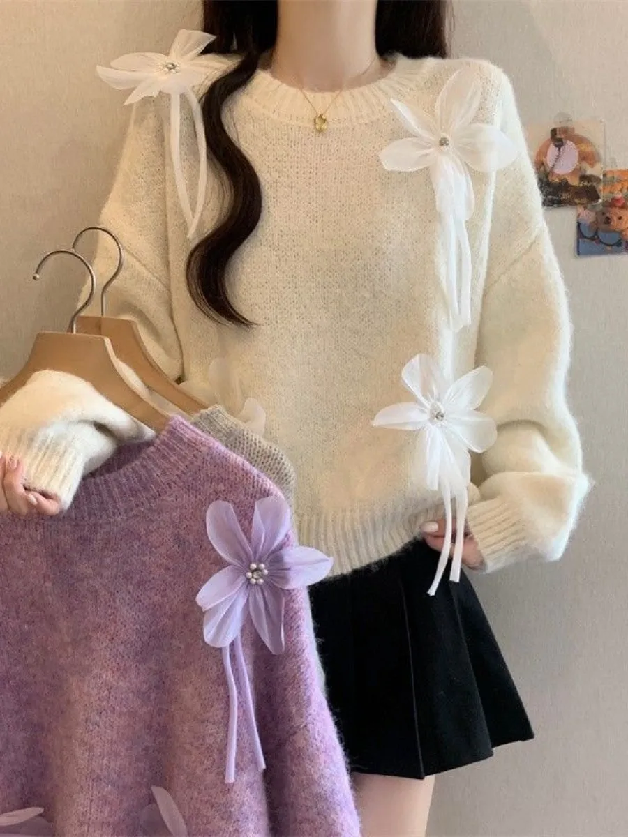 

Heavy Embellished Flower round Neck Knitted Sweater Women's Autumn Winter Outerwear Health Ring Knee Pad Protective Gear