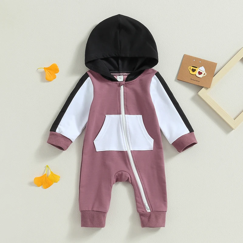 2023-07-05 Lioraitiin 0-18M Infant Baby Boy Girl Full Length Jumpsuit Contrast Color Hood Long Sleeve Romper with Zipper