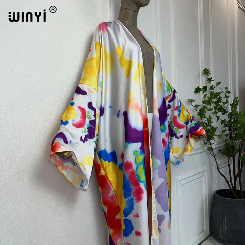 WINYI Graffiti tie-dye print sexy kimono fashion cardigan Africa beach wear cover-up dress beach outfits for women holiday abaya