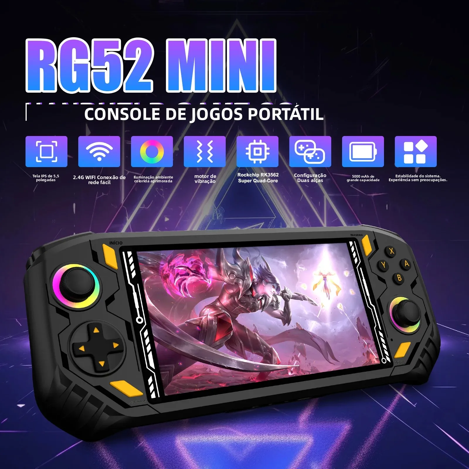 Console de Jogo Portátil AISLPC RG52 MINI com Tela IPS de 5.5", Wi-Fi 2.4, Mais de 22000 Jogos, Chip RK3562, Sistema Duplo, Reprodutor de Vídeo de Bolso Portátil