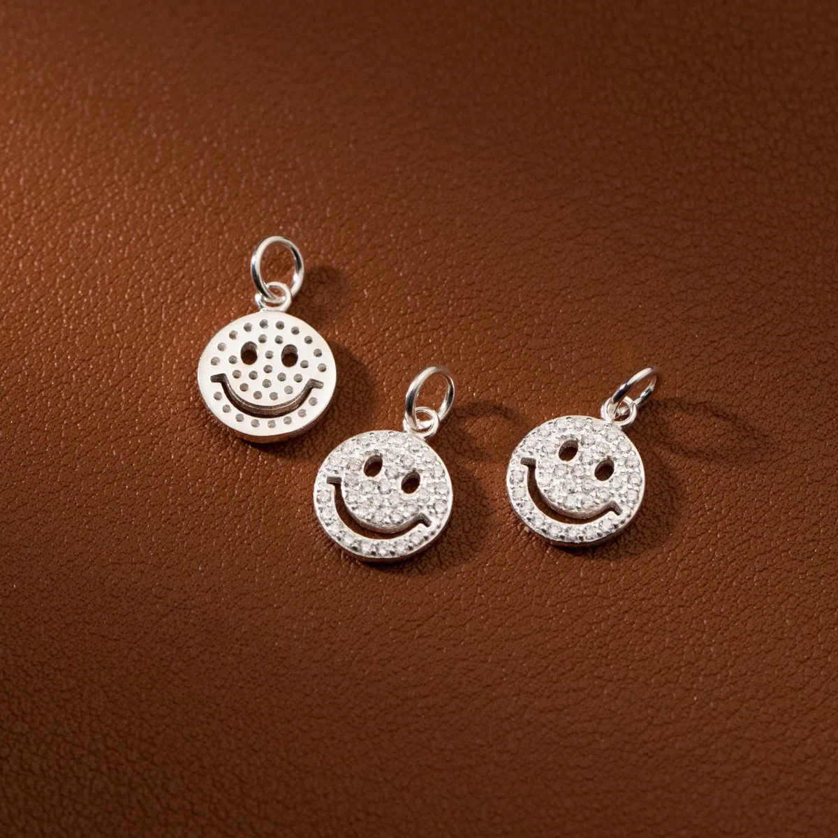 1pc/Lot 925 Sterling Silver Shiny Zircon Paved Round Smile Dangle Charms 12.5mm Silver/Gold Color Jewelry Pendants DIY Necklace