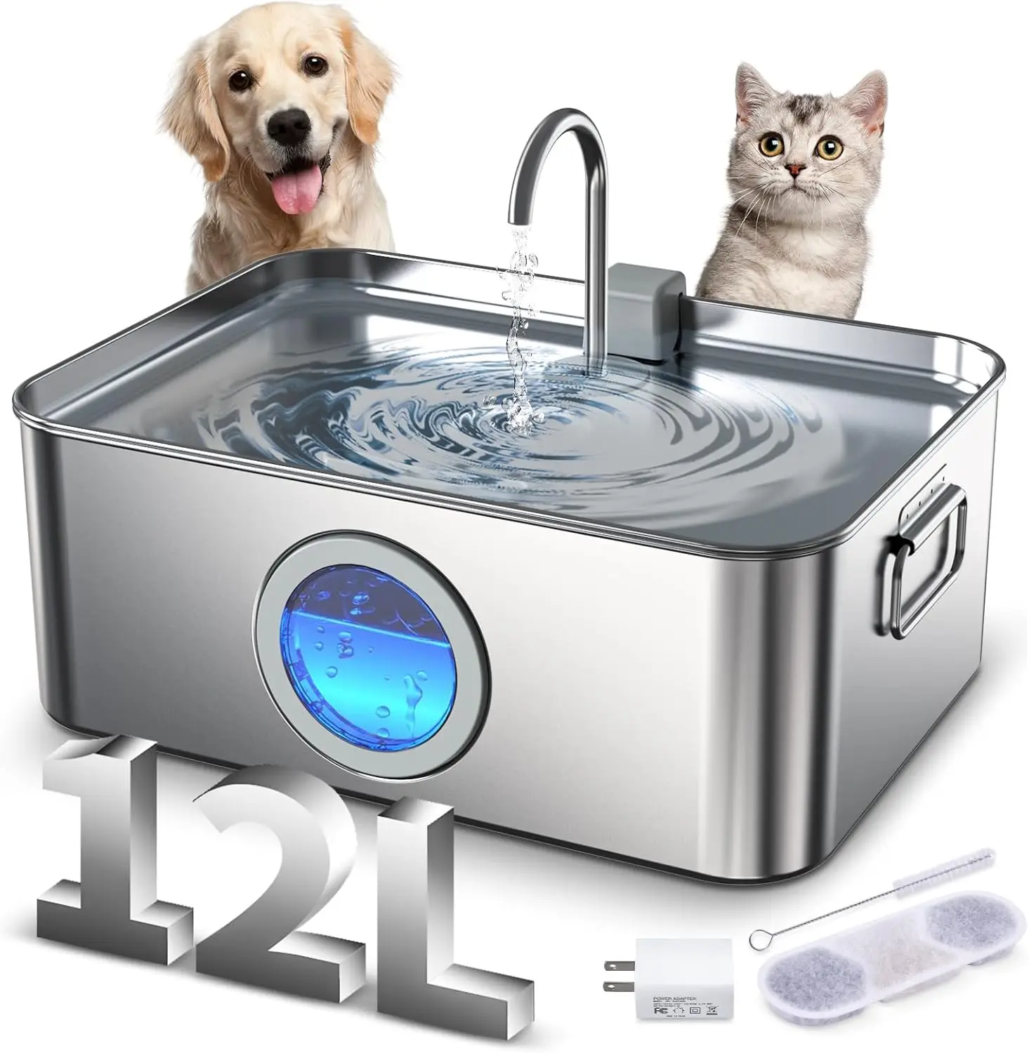 

Dog Water Fountain Stainless Steel 12L/410oz/3.2Gal, DYSJ01 Ultra Quiet Pet Water Fountain for Large Dogs Cats & Multi