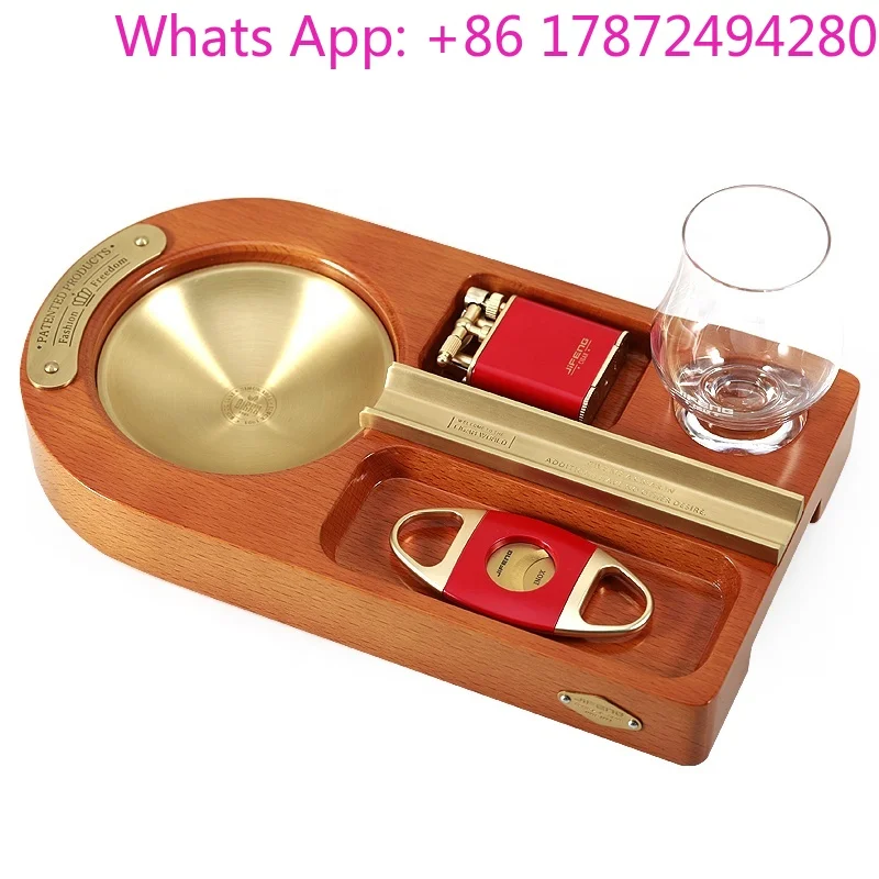 Luxury Cigar Accessories Gift Set with Wine Cups Wood and Metal Desktop Cigar Ash Tray Set Lighter&cutter Option