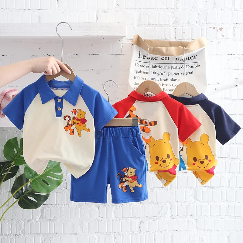 Disney Winnie The Pooh Children\'s Suit Baby Boys Girls Summer Lapel T Shirt Cartoon Shorts 2Piece Set Toddler Kids Clothing Suit