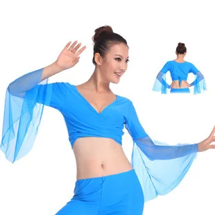 Hot popular sexy women chiffon lake blue belly dance tops dancing costume dress on sale practice t shirt for belly dancing